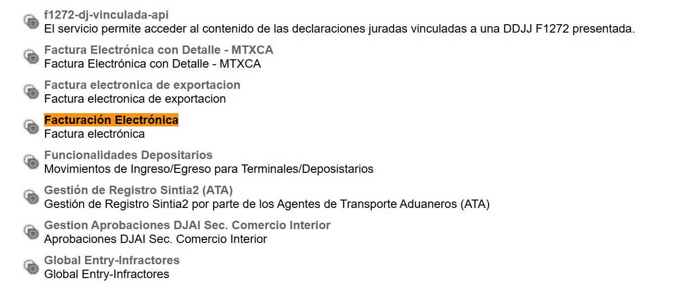 Eligiendo el servicio Facturación Electrónica en la lista