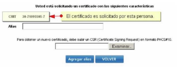 Formulario para subir el CSR y obtener el certificado